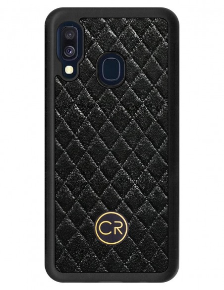 Etui premium skórzane, case na smartfon SAMSUNG GALAXY A40. Skóra pikowana czarna ze złotą blaszką.