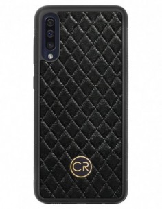 Etui premium skórzane, case na smartfon SAMSUNG GALAXY A50. Skóra pikowana czarna ze złotą blaszką.