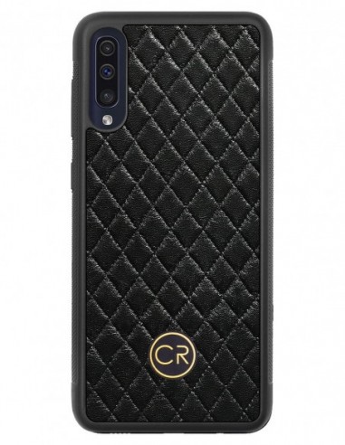 Etui premium skórzane, case na smartfon SAMSUNG GALAXY A50. Skóra pikowana czarna ze złotą blaszką.
