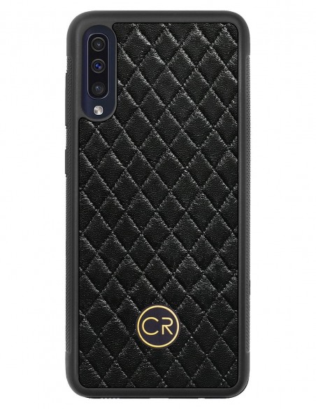 Etui premium skórzane, case na smartfon SAMSUNG GALAXY A50. Skóra pikowana czarna ze złotą blaszką.