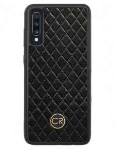 Etui premium skórzane, case na smartfon SAMSUNG GALAXY A70. Skóra pikowana czarna ze złotą blaszką.
