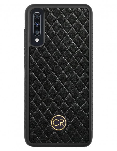 Etui premium skórzane, case na smartfon SAMSUNG GALAXY A70. Skóra pikowana czarna ze złotą blaszką. Etui premium skórzane, case na smartfon SAMSUNG GALAXY A70. Skóra pikowana czarna ze złotą blaszką.