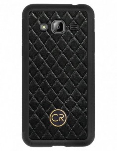 Etui premium skórzane, case na smartfon SAMSUNG GALAXY J3 2016. Skóra pikowana czarna ze złotą blaszką.