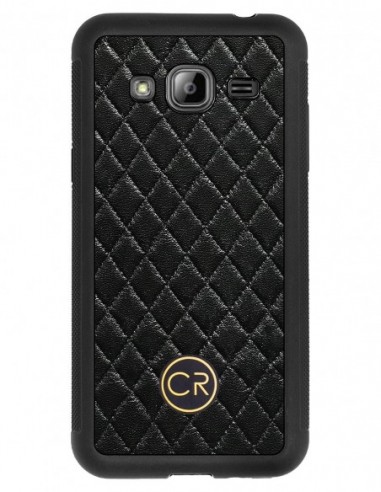 Etui premium skórzane, case na smartfon SAMSUNG GALAXY J3 2016. Skóra pikowana czarna ze złotą blaszką.