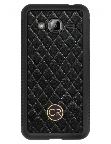 Etui premium skórzane, case na smartfon SAMSUNG GALAXY J3 2016. Skóra pikowana czarna ze złotą blaszką.