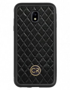 Etui premium skórzane, case na smartfon SAMSUNG GALAXY J3 2017. Skóra pikowana czarna ze złotą blaszką.