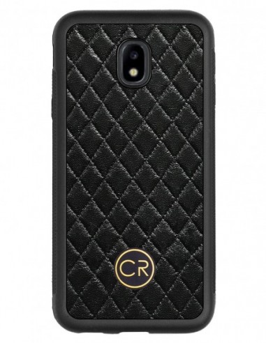 Etui premium skórzane, case na smartfon SAMSUNG GALAXY J3 2017. Skóra pikowana czarna ze złotą blaszką.