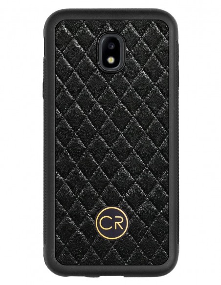 Etui premium skórzane, case na smartfon SAMSUNG GALAXY J3 2017. Skóra pikowana czarna ze złotą blaszką.