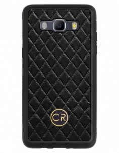 Etui premium skórzane, case na smartfon SAMSUNG GALAXY J5 2016. Skóra pikowana czarna ze złotą blaszką.