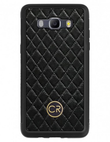 Etui premium skórzane, case na smartfon SAMSUNG GALAXY J5 2016. Skóra pikowana czarna ze złotą blaszką.