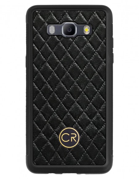 Etui premium skórzane, case na smartfon SAMSUNG GALAXY J5 2016. Skóra pikowana czarna ze złotą blaszką.