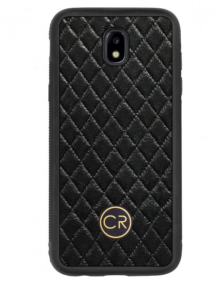 Etui premium skórzane, case na smartfon SAMSUNG GALAXY J5 2017. Skóra pikowana czarna ze złotą blaszką.