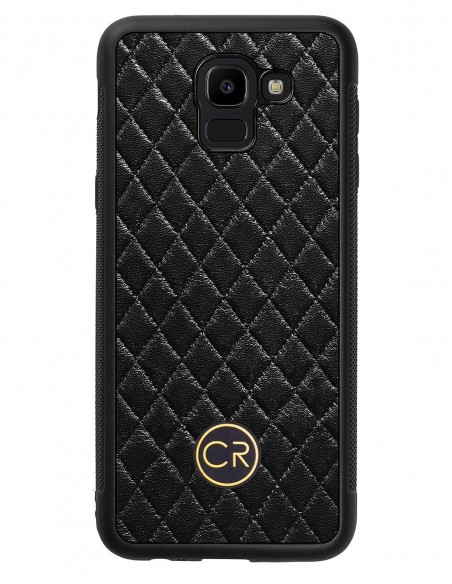 Etui premium skórzane, case na smartfon SAMSUNG GALAXY J6 2018. Skóra pikowana czarna ze złotą blaszką.