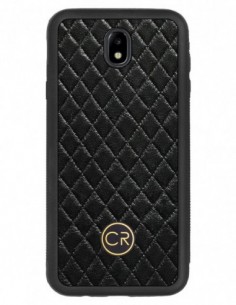 Etui premium skórzane, case na smartfon SAMSUNG GALAXY J7 2017. Skóra pikowana czarna ze złotą blaszką.