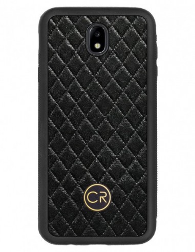 Etui premium skórzane, case na smartfon SAMSUNG GALAXY J7 2017. Skóra pikowana czarna ze złotą blaszką.