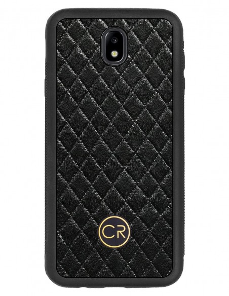 Etui premium skórzane, case na smartfon SAMSUNG GALAXY J7 2017. Skóra pikowana czarna ze złotą blaszką.