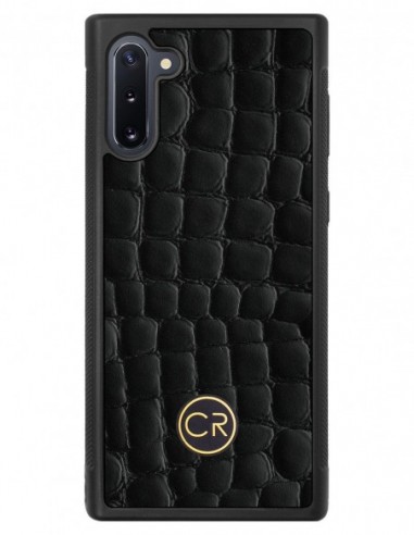 Etui premium skórzane, case na smartfon SAMSUNG GALAXY NOTE 10. Skóra krokodyl czarna ze złotą blaszką.