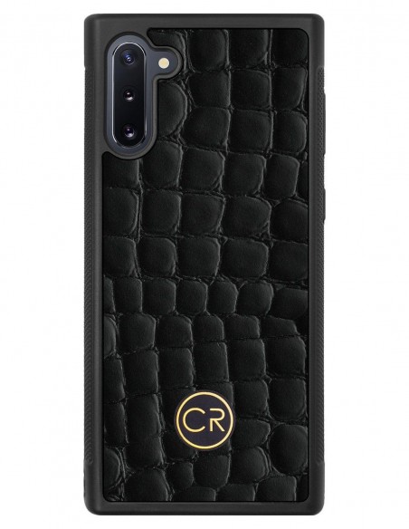 Etui premium skórzane, case na smartfon SAMSUNG GALAXY NOTE 10. Skóra krokodyl czarna ze złotą blaszką.