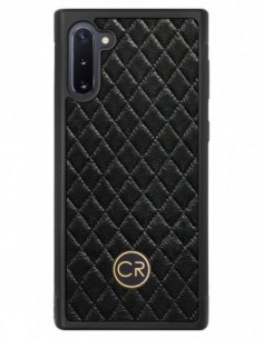 Etui premium skórzane, case na smartfon SAMSUNG GALAXY NOTE 10. Skóra pikowana czarna ze złotą blaszką.