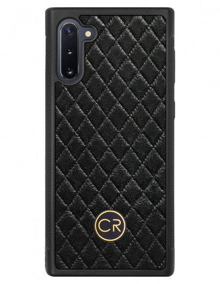 Etui premium skórzane, case na smartfon SAMSUNG GALAXY NOTE 10. Skóra pikowana czarna ze złotą blaszką.