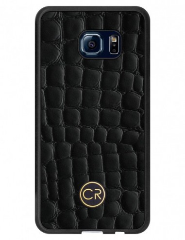 Etui premium skórzane, case na smartfon SAMSUNG GALAXY S6 EDGE. Skóra krokodyl czarna ze złotą blaszką.