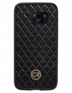 Etui premium skórzane, case na smartfon SAMSUNG GALAXY S7. Skóra pikowana czarna ze złotą blaszką.