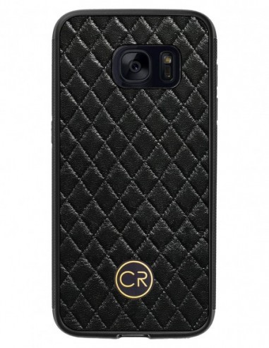 Etui premium skórzane, case na smartfon SAMSUNG GALAXY S7. Skóra pikowana czarna ze złotą blaszką.