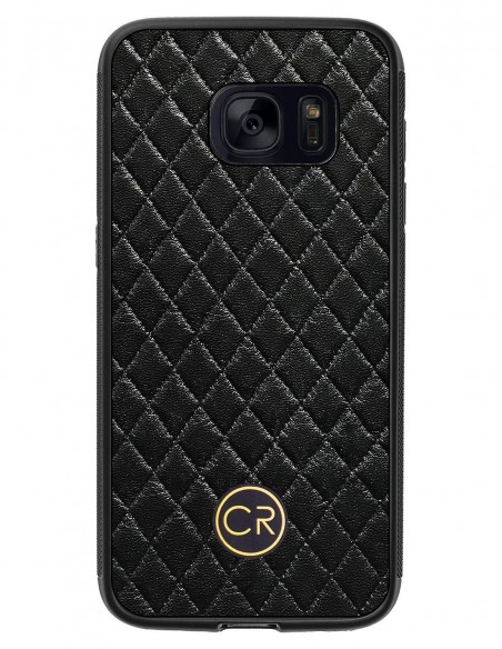 Etui premium skórzane, case na smartfon SAMSUNG GALAXY S7. Skóra pikowana czarna ze złotą blaszką.