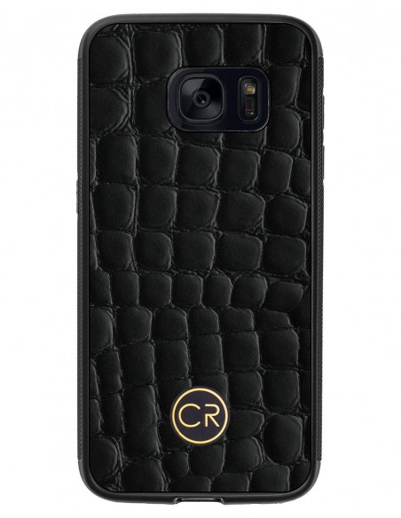 Etui premium skórzane, case na smartfon SAMSUNG GALAXY S7. Skóra krokodyl czarna ze złotą blaszką.