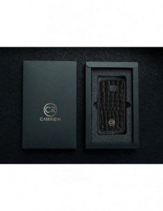 Etui premium skórzane, case na smartfon SAMSUNG GALAXY S7. Skóra krokodyl czarna ze złotą blaszką. 2