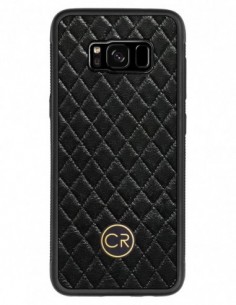 Etui premium skórzane, case na smartfon SAMSUNG GALAXY S8. Skóra pikowana czarna ze złotą blaszką.