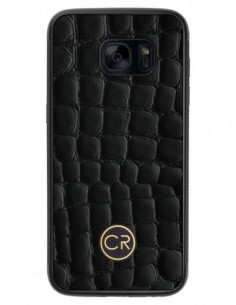 Etui premium skórzane, case na smartfon SAMSUNG GALAXY S7 EDGE. Skóra krokodyl czarna ze złotą blaszką.