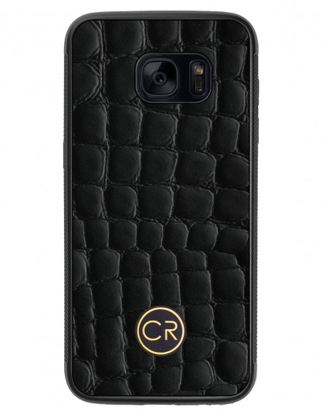 Etui premium skórzane, case na smartfon SAMSUNG GALAXY S7 EDGE. Skóra krokodyl czarna ze złotą blaszką.