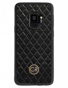 Etui premium skórzane, case na smartfon SAMSUNG GALAXY S9. Skóra pikowana czarna ze złotą blaszką.