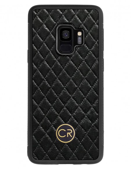 Etui premium skórzane, case na smartfon SAMSUNG GALAXY S9. Skóra pikowana czarna ze złotą blaszką. Etui premium skórzane, case na smartfon SAMSUNG GALAXY S9. Skóra pikowana czarna ze złotą blaszką.