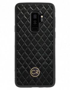 Etui premium skórzane, case na smartfon SAMSUNG GALAXY S9 PLUS. Skóra pikowana czarna ze złotą blaszką.