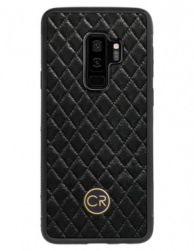 Etui premium skórzane, case na smartfon SAMSUNG GALAXY S9 PLUS. Skóra pikowana czarna ze złotą blaszką.