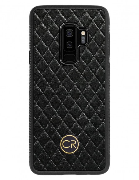 Etui premium skórzane, case na smartfon SAMSUNG GALAXY S9 PLUS. Skóra pikowana czarna ze złotą blaszką.