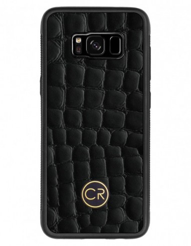 Etui premium skórzane, case na smartfon SAMSUNG GALAXY S8. Skóra krokodyl czarna ze złotą blaszką.
