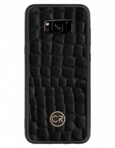 Etui premium skórzane, case na smartfon SAMSUNG GALAXY S8 PLUS. Skóra krokodyl czarna ze złotą blaszką.