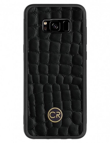 Etui premium skórzane, case na smartfon SAMSUNG GALAXY S8 PLUS. Skóra krokodyl czarna ze złotą blaszką.