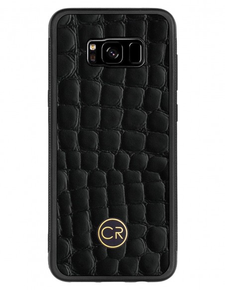 Etui premium skórzane, case na smartfon SAMSUNG GALAXY S8 PLUS. Skóra krokodyl czarna ze złotą blaszką.