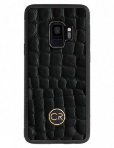 Etui premium skórzane, case na smartfon SAMSUNG GALAXY S9. Skóra krokodyl czarna ze złotą blaszką.