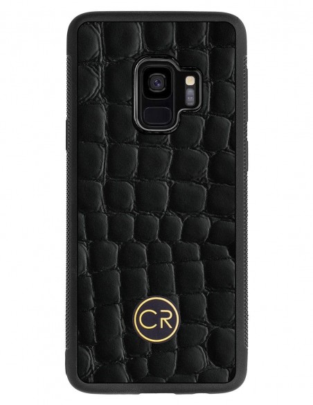 Etui premium skórzane, case na smartfon SAMSUNG GALAXY S9. Skóra krokodyl czarna ze złotą blaszką.