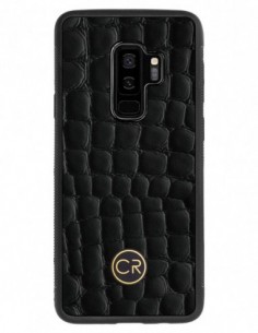 Etui premium skórzane, case na smartfon SAMSUNG GALAXY S9 PLUS. Skóra krokodyl czarna ze złotą blaszką.