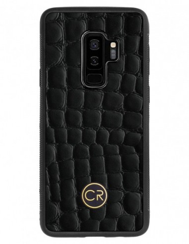 Etui premium skórzane, case na smartfon SAMSUNG GALAXY S9 PLUS. Skóra krokodyl czarna ze złotą blaszką.
