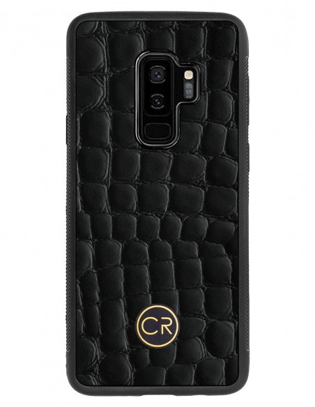 Etui premium skórzane, case na smartfon SAMSUNG GALAXY S9 PLUS. Skóra krokodyl czarna ze złotą blaszką.