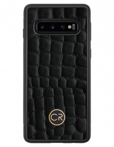 Etui premium skórzane, case na smartfon SAMSUNG GALAXY S10. Skóra krokodyl czarna ze złotą blaszką.
