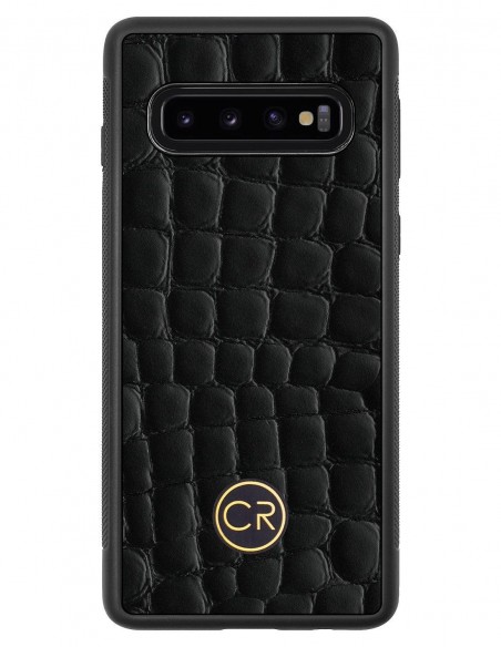 Etui premium skórzane, case na smartfon SAMSUNG GALAXY S10. Skóra krokodyl czarna ze złotą blaszką.