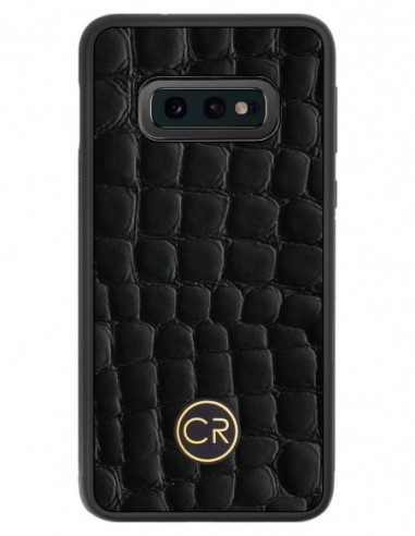 Etui premium skórzane, case na smartfon SAMSUNG GALAXY S10E. Skóra krokodyl czarna ze złotą blaszką.